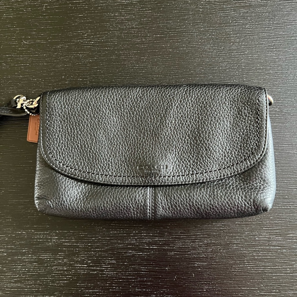 Coach Black Pebbled Leather Wristlet with Flap Design